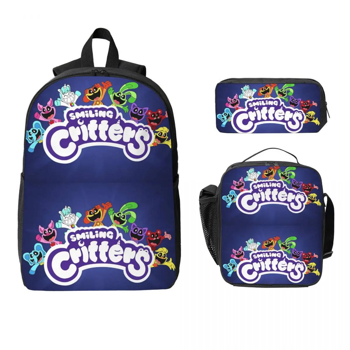 

Smiling Critters Cartoon Game Backpack Boys Girls BookBag School Bag Computer Shoulder Bags 3ps Insulated Lunch Bag Pencil Case