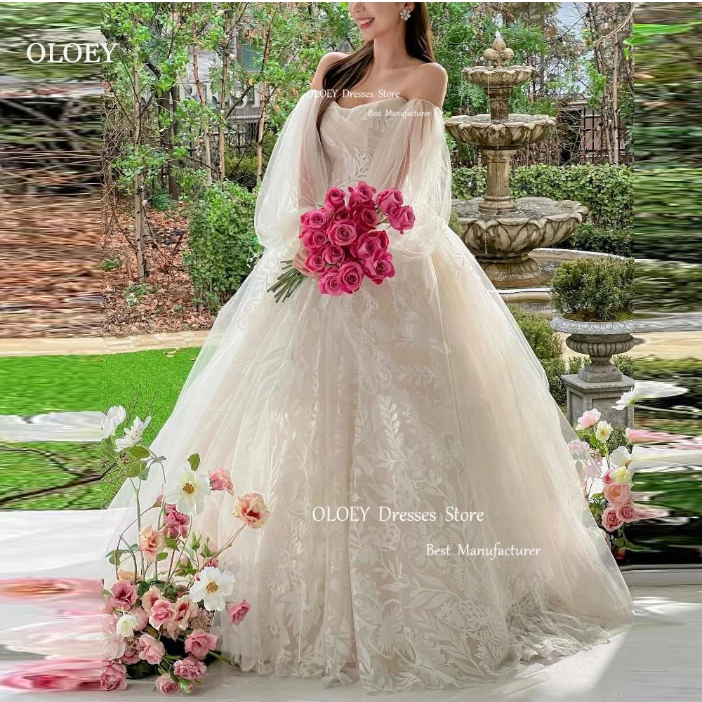 OLOEY-vestidos de novia elegantes de tul de encaje con hombros descubiertos, mangas abullonadas, escote Corazón, largo hasta el suelo, vestidos de novia campestres, corsé en la espalda