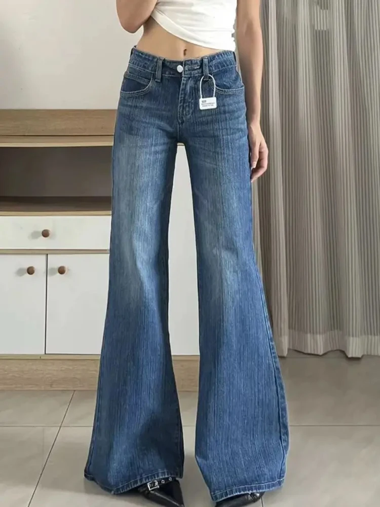Women American Retro Low Waisted Flared Jeans Summer Thin Bamboo Pattern Non Stick Leg Loose Straight Wide Leg Pants