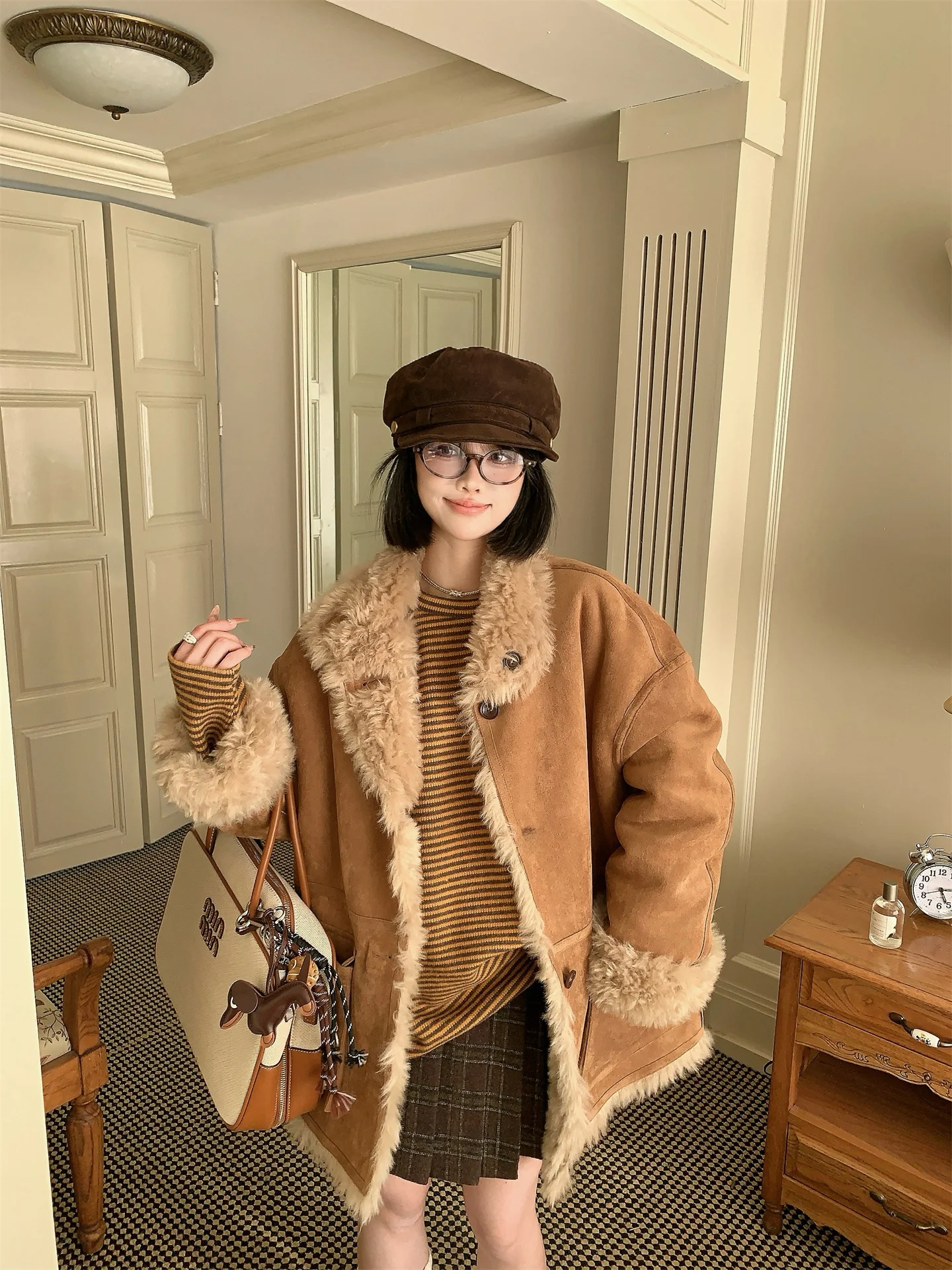 Dubbelzijdig te dragen suède jas Dames casual winterjas van leer met geïntegreerd bont, warme, dikke, lange mouwen, middellange jas