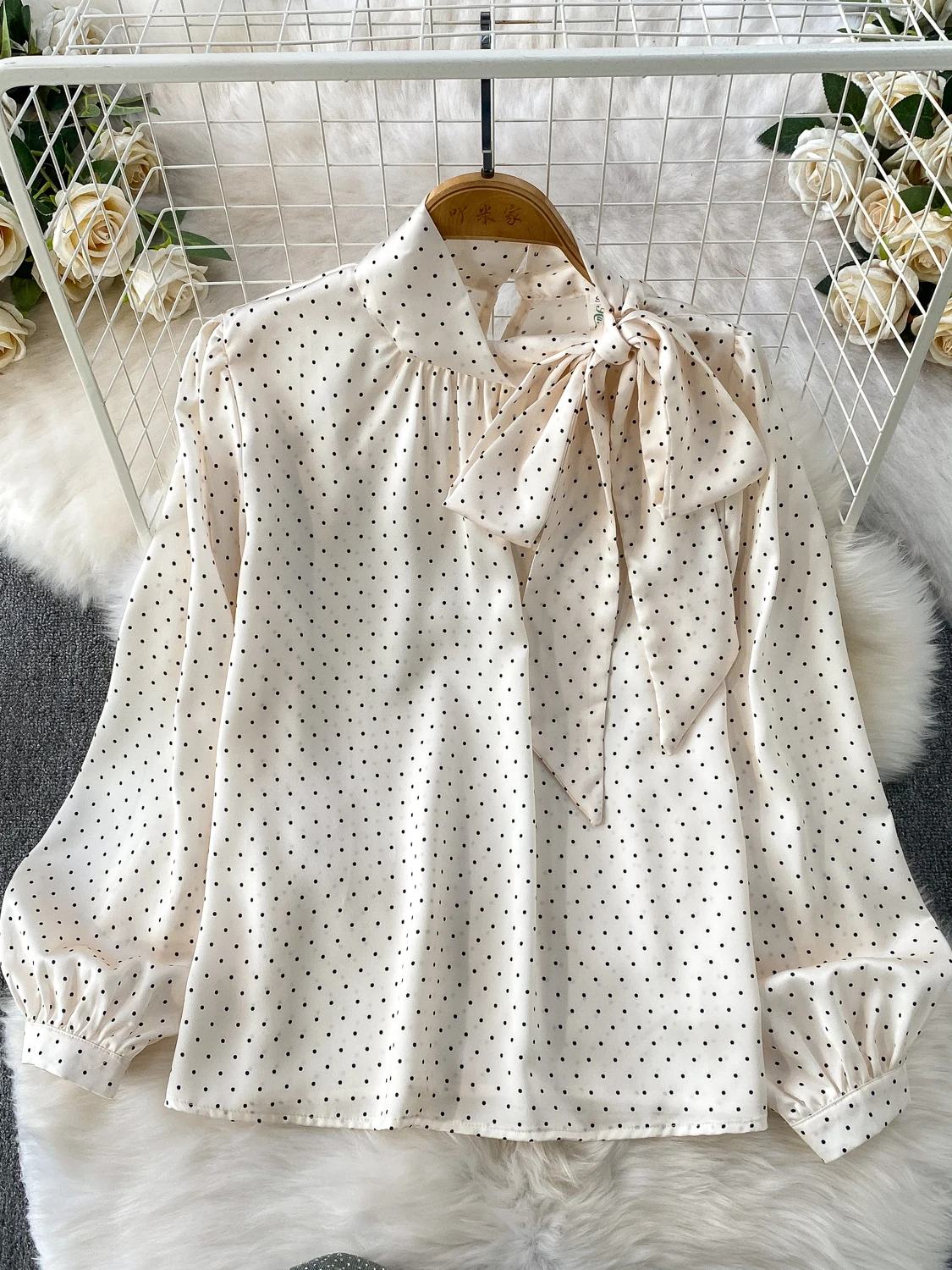 

Женская шифоновая блузка в горошек Ele Polka Dot, весенне-осенняя, повседневная, свободного кроя, с воротником-стойкой на завязках, дышащая, приятная к телу.