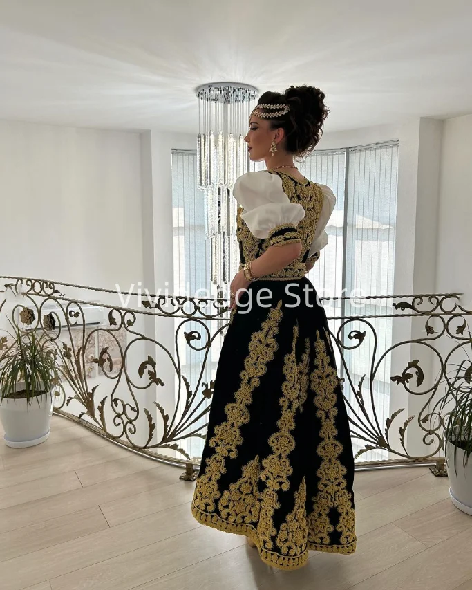 White Black Women\'s Short Sleeve Prom Dresses Gold Lace Applique Evening Gowns Traditional Kosovo Albanian vestido de gala