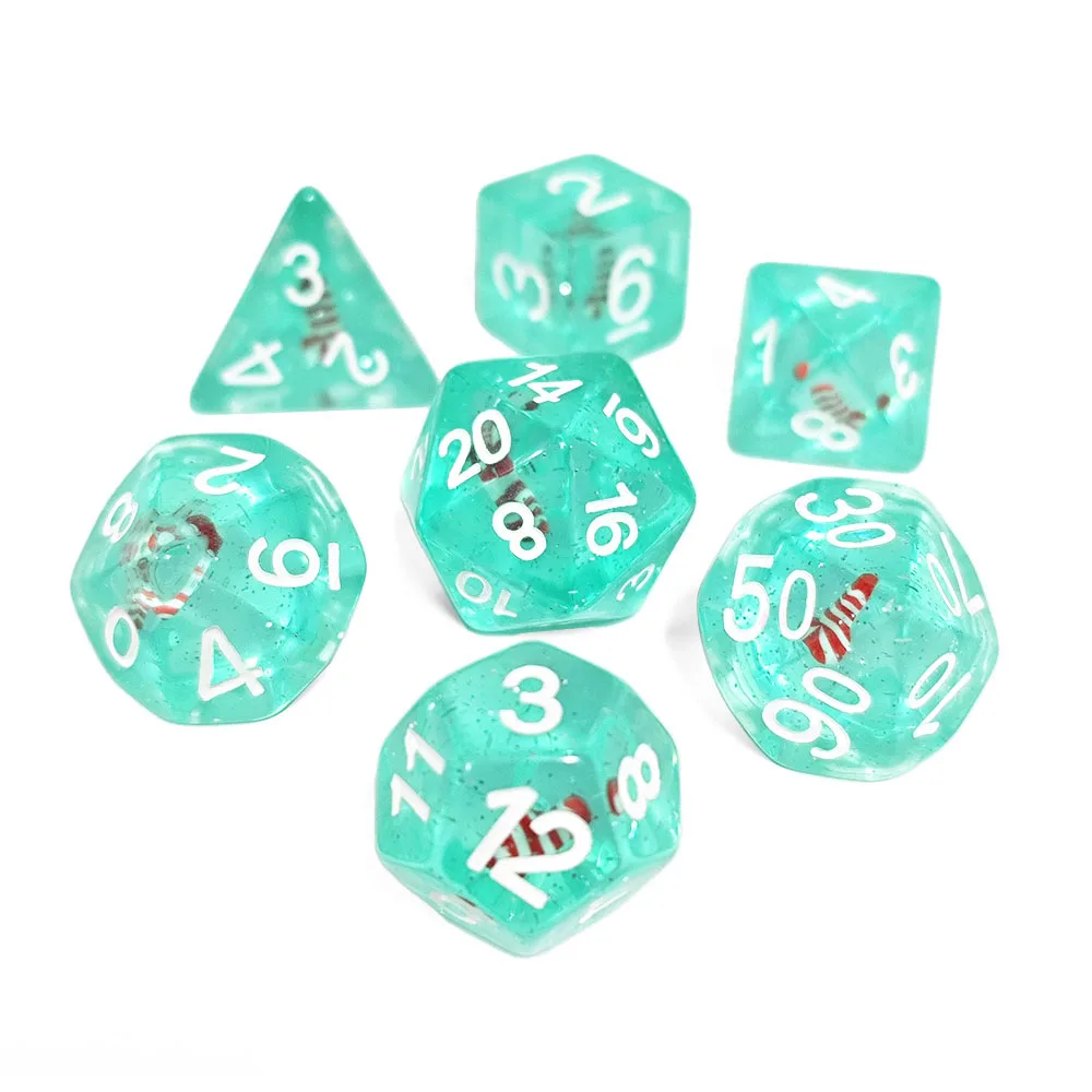 7Pcs Christmas Candy Cane Resin Dice Set, Teal Polyhedral Dice for DND RPG TTRPG Board Games