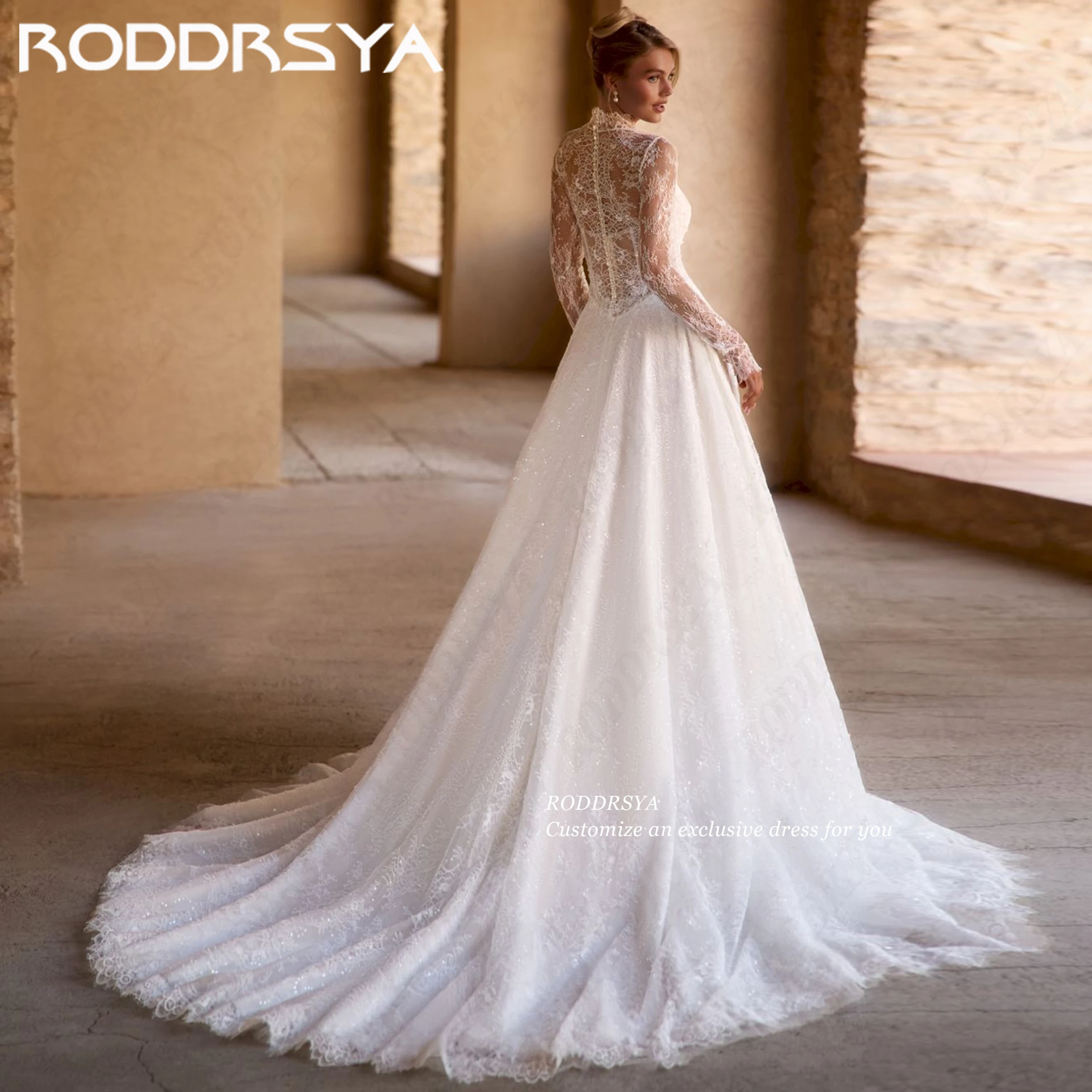 RODDRSYA Customized Sparkly Lace Wedding Dress For Women 2026 Illusion Long Sleeves Bridal Dresses High Slit A Line brautkleid