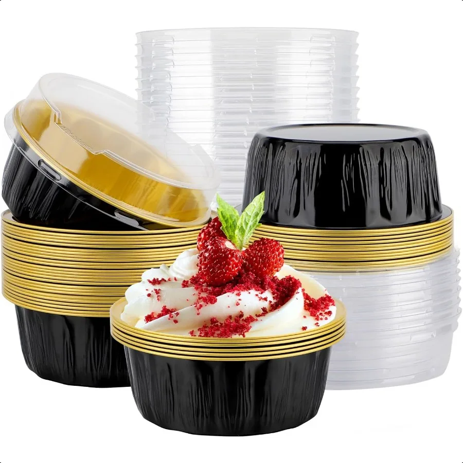

EUSOAR Cupcake Liners 25pcs 9oz Black Disposable Ramekins with Lids Oven Safe Cake Container Pans with Lids Bakery Cheesecakes