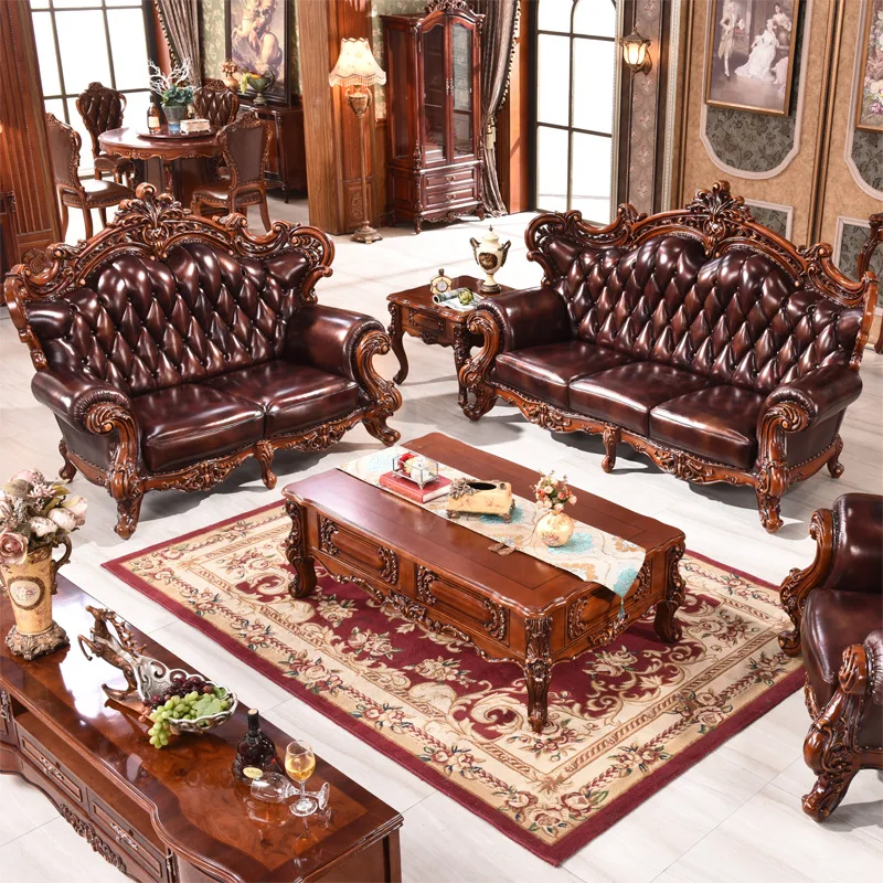 European solid wood carving flower leather sofa combination first layer cowhide American large and small apartment living room
