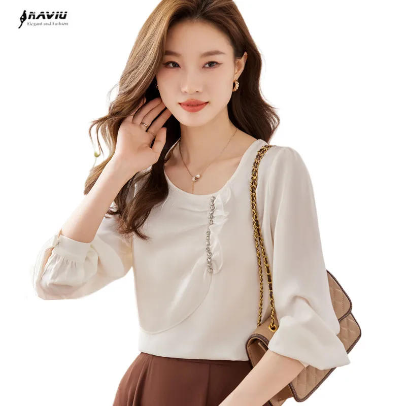 NAVIU 2024 New Women's Clothing Solid Color O Neck Long Sleeve Shirt Office Lady Commuter Autumn Casual Elegant diamonds Blouses