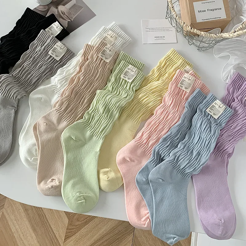 Damen-Sommer-Frühlingssocken aus japanischer Baumwolle in einfarbiger Farbe, bunte, lange Socken mit Rüschen, süßer Stil für Mädchen, Geschenk, Kawaii