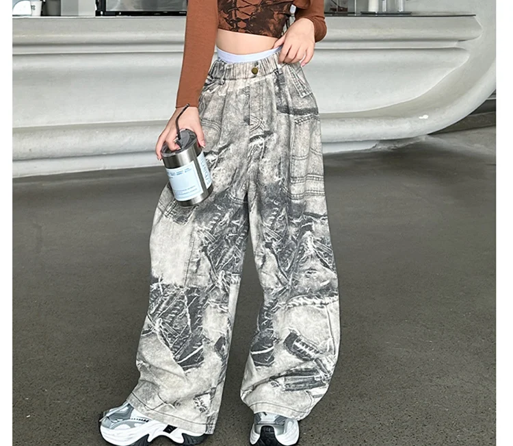 Amerikanischer Stil Mädchen High-Street-Jeans mit Zeitungsaufdruck für Kinder, Gerade, Lose, Weites Bein, Denim-Hosen, Kinder-Y2K-Jeans – Detail 8