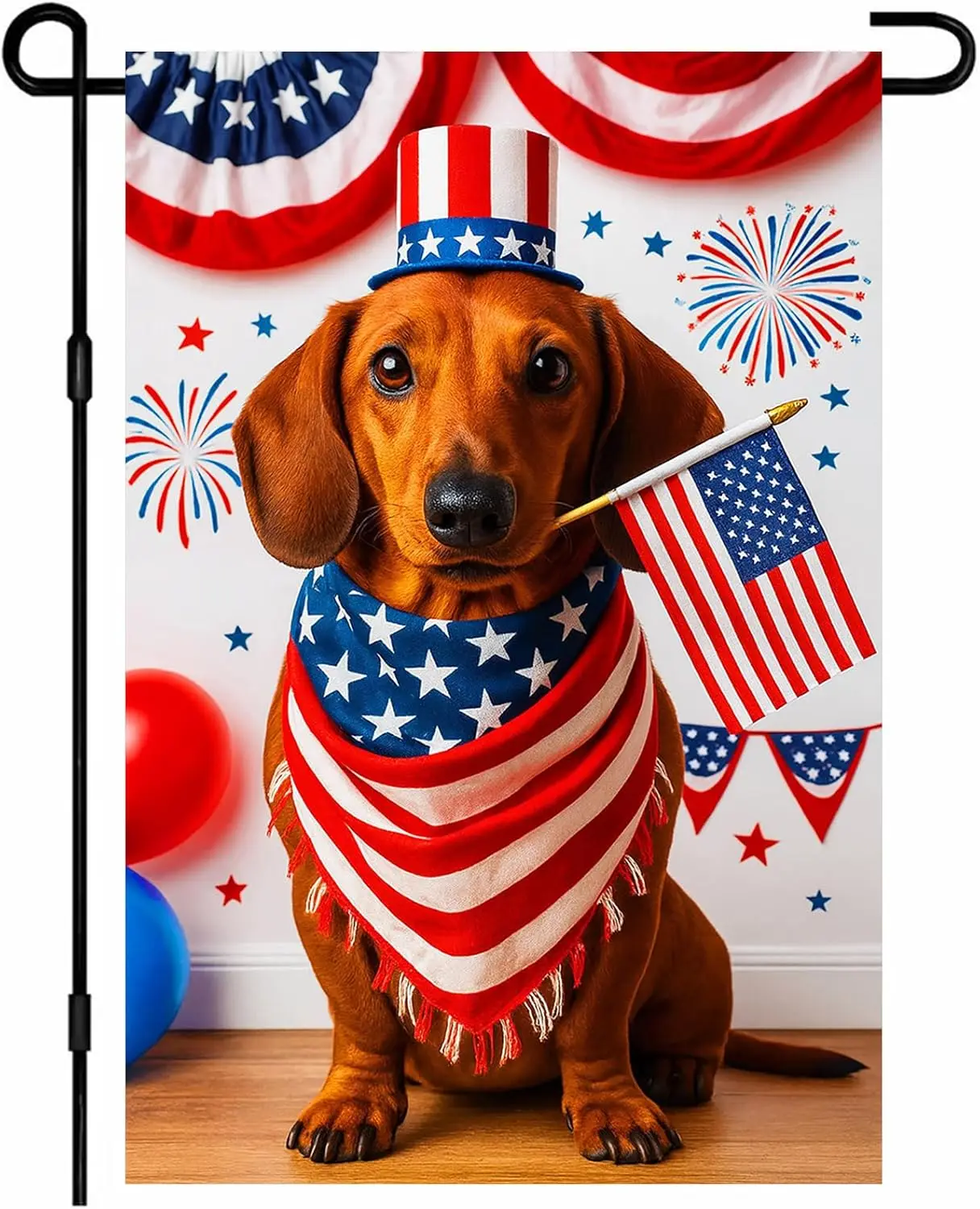 IVN 4th of July Garden Flag 12x18 Inch Double Sided Dachshund Dog with Patriotic Bandana and American Flag Decorations Outdo GGO