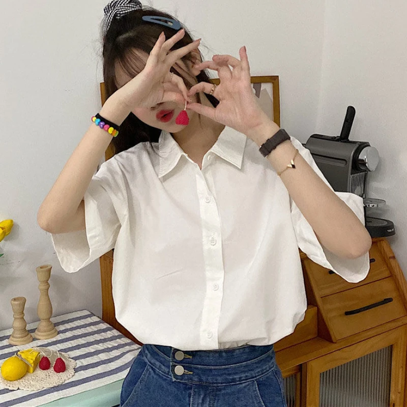 Basic Shirts Women Minimalist Pure Daily Short-sleeve Summer Straight All-match Casual Korean Style Colleges White Classic Chic