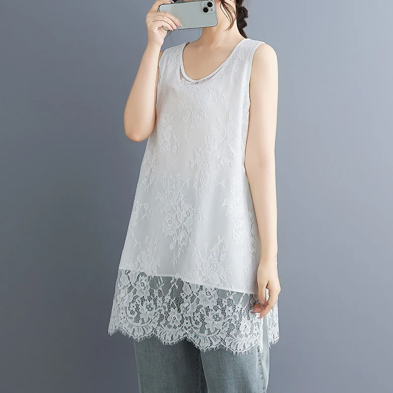 Damska kamizelka na ramiączkach z koronką, średniej długości, jednolita, w stylu koreańskim, letnia, nowa moda, duży rozmiar, prosty krój, poliester, bawełna...