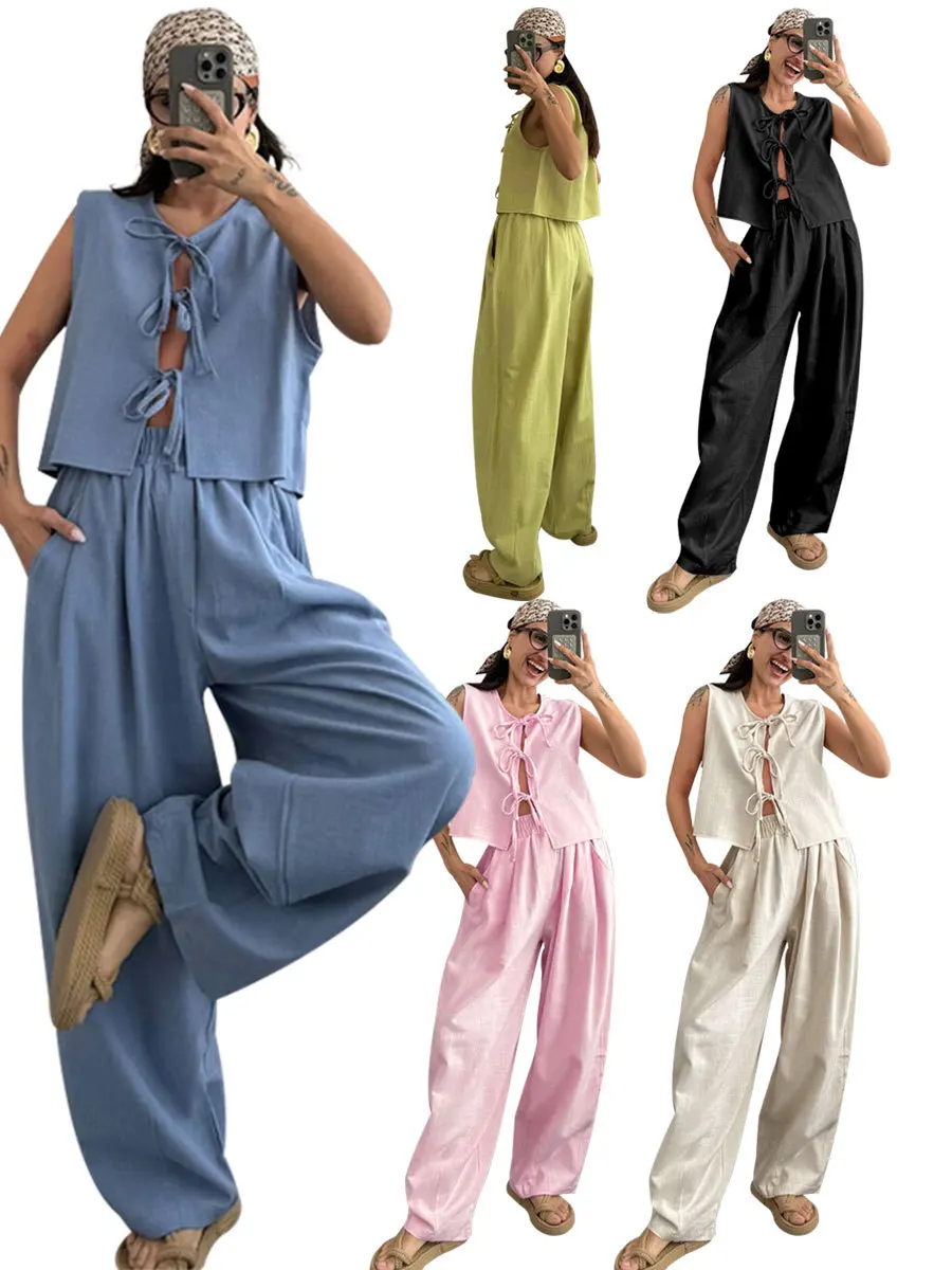 Women's Summer Cotton Sleeveless Strap Top And Loose Pants Set Casual Fashion Outfit
