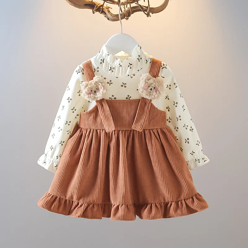 Kid Girl Long Sleeve Dress Floral Lovely Bear Corduroy Strap Style Dress Fashion Cute Photograph Outfit for Child Girl