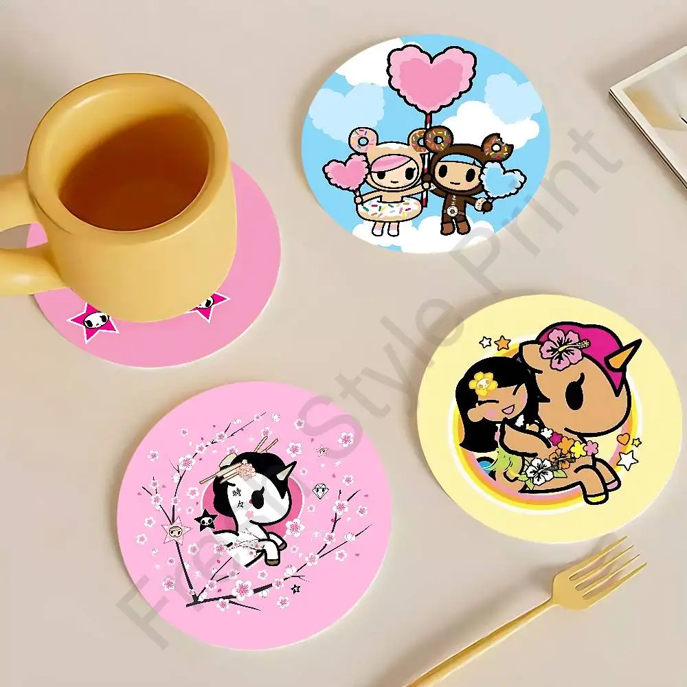 

T-TokidokiS Girl Heat Resistant Round Wooden Coasters Non-slip Drink Cafe Decoration 2D Flat Color Print Coasters