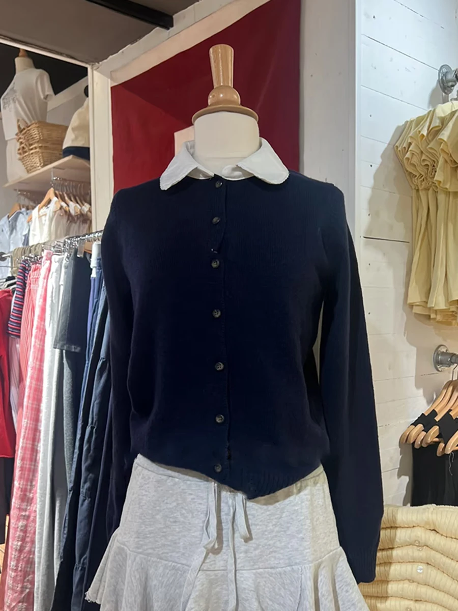 

Темно-синий искусственный свитер из двух предметов, кардиган, женские однобортные свитера с лацканами и длинными рукавами, осенние простые универсальные новые трикотажные топы