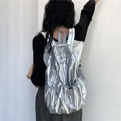 Mochila plissada para mulheres, couro estético PU, mochila viajante, mochila escolar ruched para estudantes, bolsa de viagem feminina, nova moda