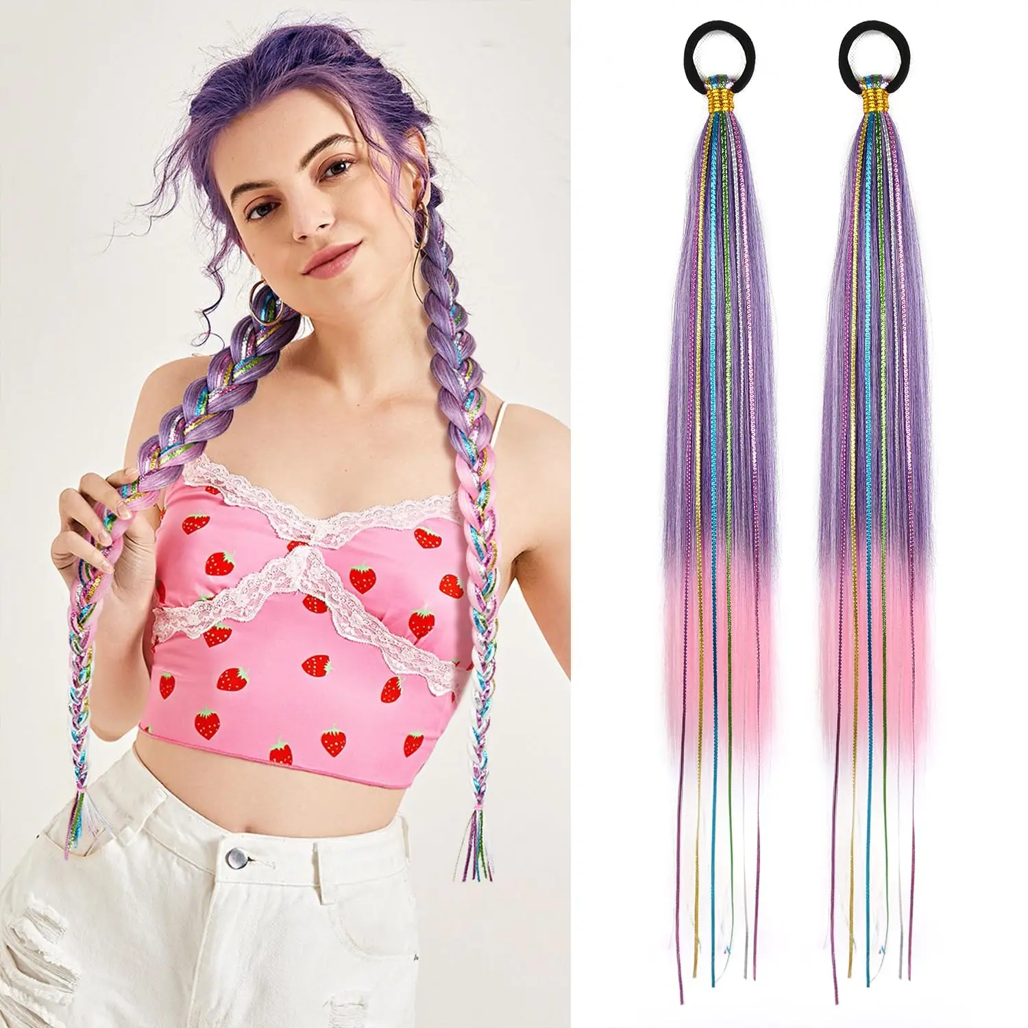 

2 Pack 26" Graduated synthetic Ponytail Extensions，Metallic Colored Braided ，Elastic Ties Straight Wraparound，For Girls & Women