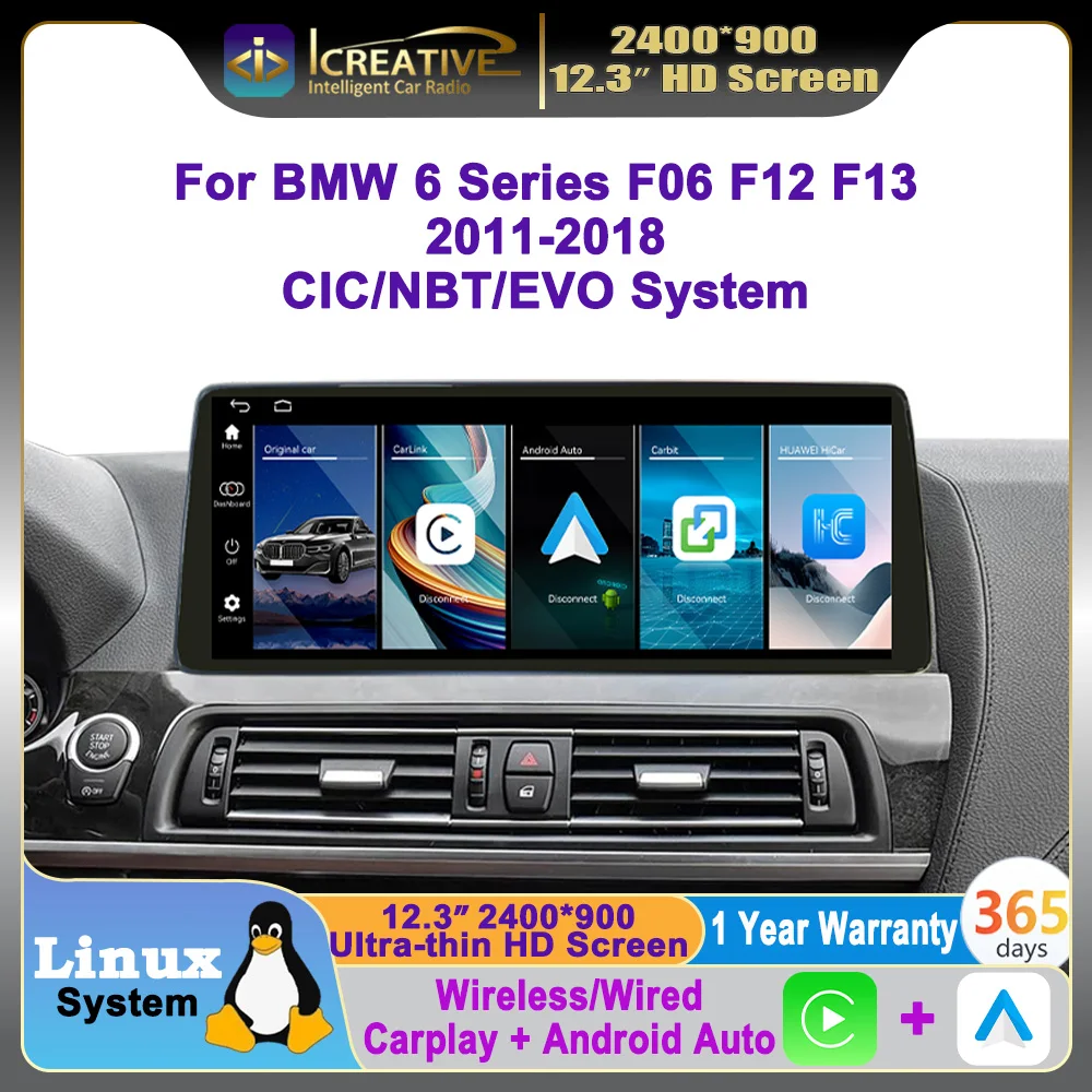 Radio de coche inalámbrico Carplay Android Auto de 12.3 pulgadas para BMW Serie 6 F06 F12 F13 2011-2018 Reproductor multimedia con pantalla Linux y navegación