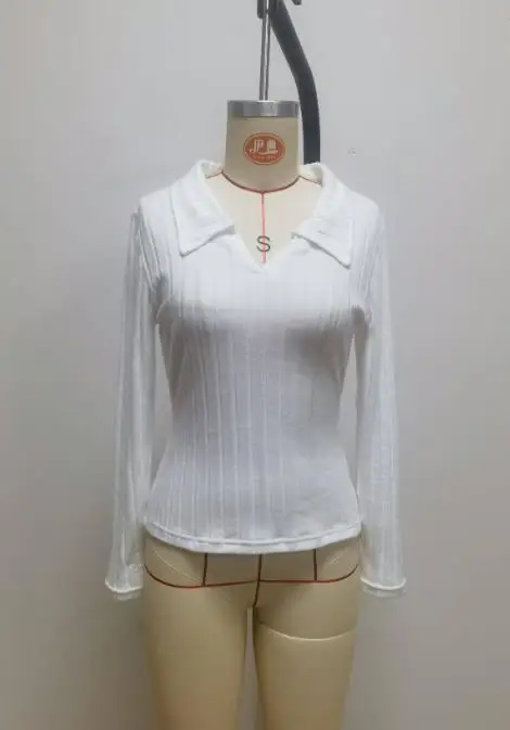 

2025 autumn/winter new solid color slim fit women's top, V-shaped lapel, long sleeved groove stripe, brushed T-shirt, white