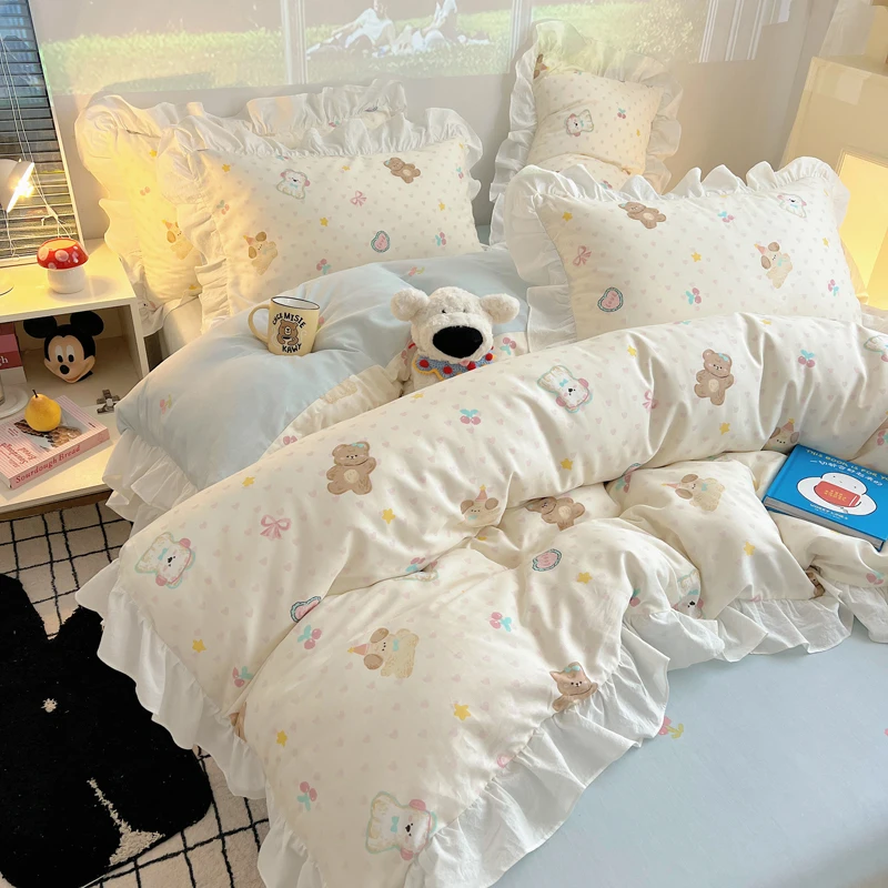 

Мягкий комплект постельного белья из чистого хлопка (40 нитей), в корейском стиле, с мультяшным рисунком, из четырех предметов, с кружевом, с изображением милого медвежонка, кремового цвета, для девочек