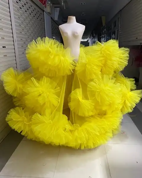 Amazing Yellow Big Volume Tulle Detachable Train Ruffles Trimmed Long Women Overlay Skirt  Costumes For Stage Show