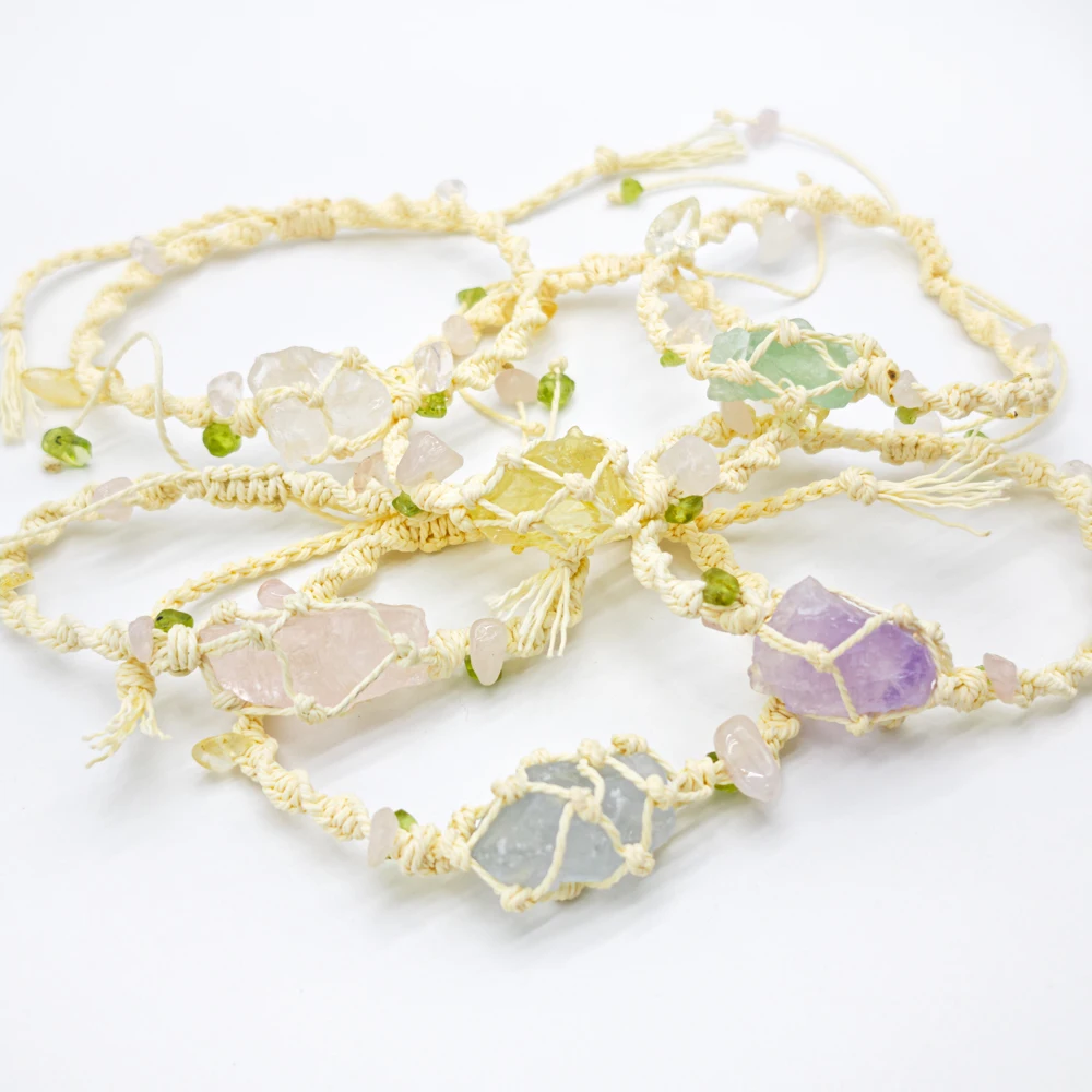 10 Stück verstellbares geflochtenes Kordelnetz, 1 roher Rohstein, Perlenhalter, Seil, Armband, natürlicher Quarzkristall, Heilung, Taschentasche, Armreif – Detail 15