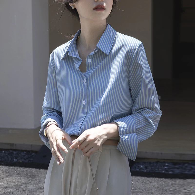 

Spring Autumn Blue Vintage Striped Women's Blouse 2025 New Long Sleeve Single Breasted Korean Casual Loose Office Shirts Female