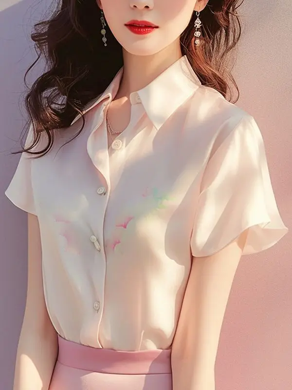 

French Sweet and Fashionable POLO Collar Printed Short-sleeved Shirt for Women's Summer New Style