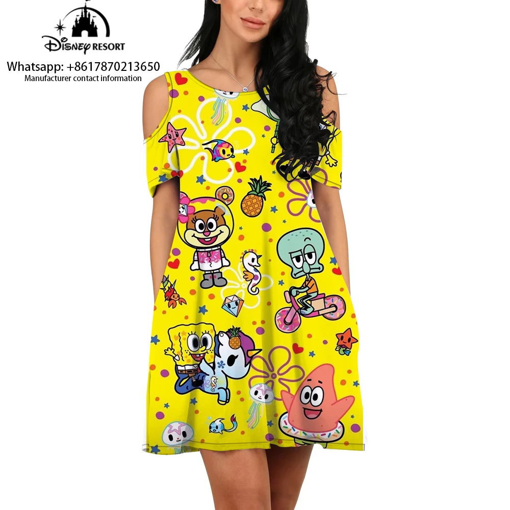 3D Cartoon SpongeBob abito a maniche corte con spalle scoperte, abito alla moda, casual e confortevole, gonna ampia adatta per summe