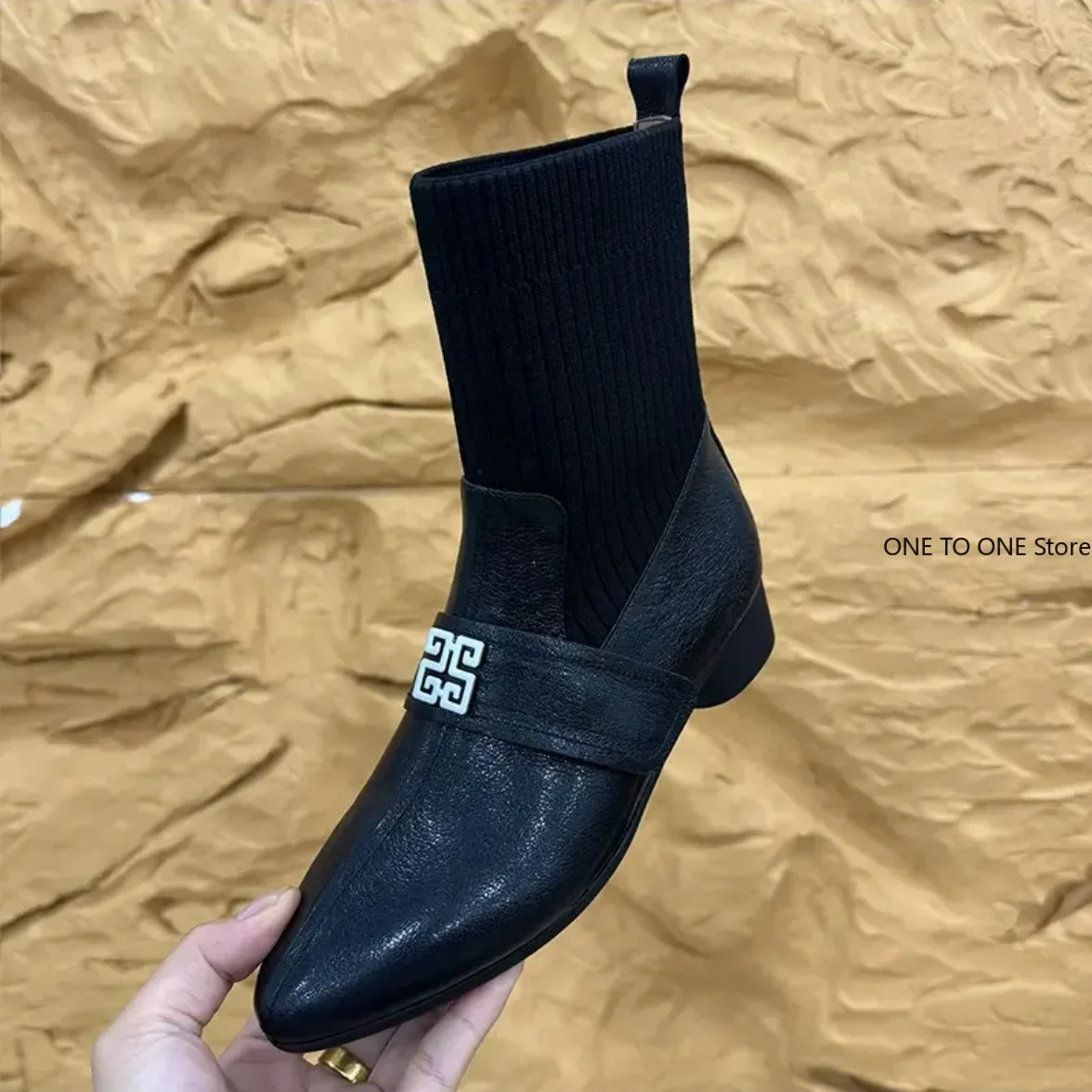 المرأة حذاء بوت بطول الكاحل منتصف كعب موضة ساحة تو محبوك لينة ومريحة تنفس تمتد الأحذية 2024 الأحذية النسائية الجديدة