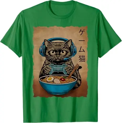 Gamer-Katze Lustige Geschenke für Teenager Jungen Japanische Ramen-Katze Gaming T-Shirt Y2k Anime Kätzchen Nudeln Essend Maga Grafik Kleidung Comic Tee – Detail 4
