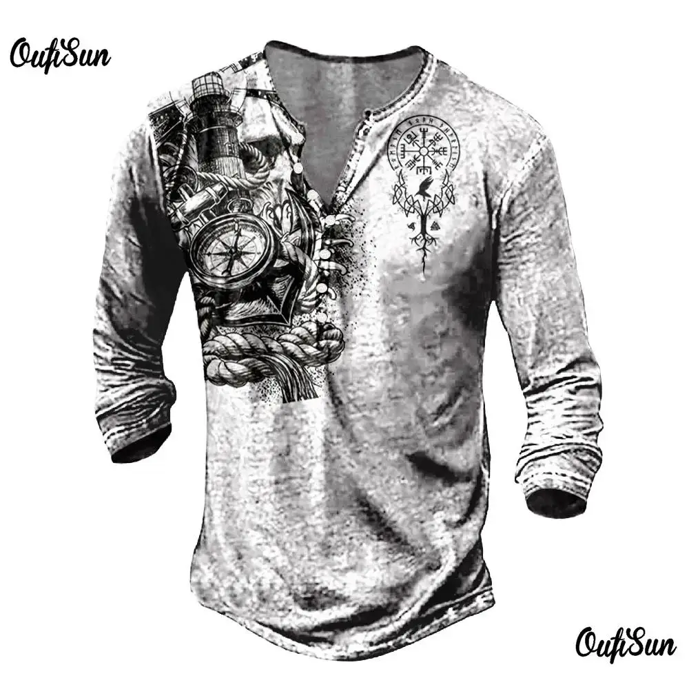 2026 Vintage Men's T-shirt Cotton Henley Shirts Solid Color Graphic T Shirts 3D Printing Long Sleeve Tees Oversized Clothing Top