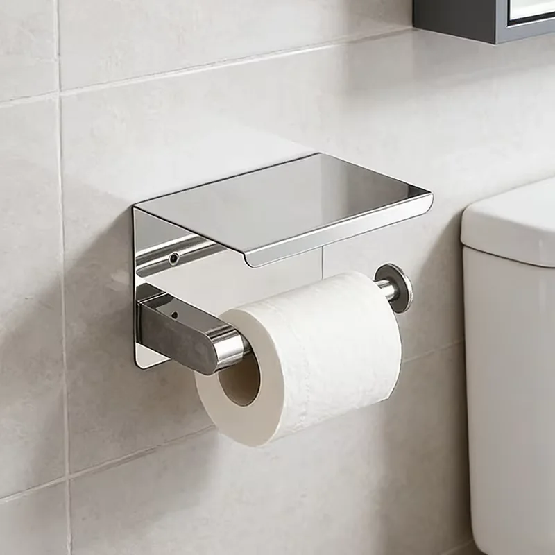 

304 Stainless Steel Wall Mounted Toilet Paper Holder with Phone Shelf – Bathroom Tissue Roll Holder and Cellphone Stand Rack