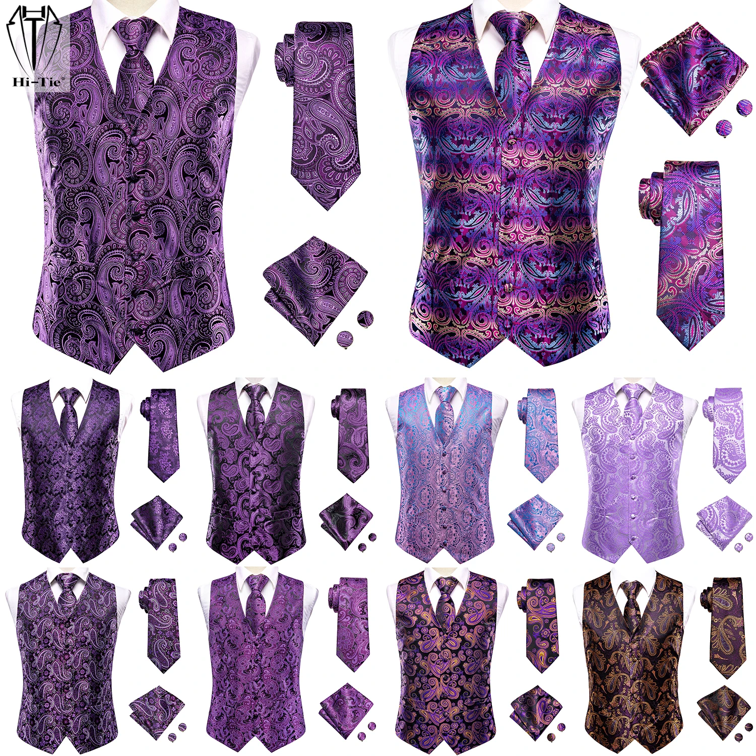 Hi-Tie Leisure Silk Mens Waistcoat Tie Set Purple Lilac Lavender Sleeveless Jacket Vest Necktie Hanky Cufflink Wedding Oversized