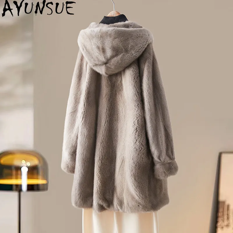 AYUSNUE Luxury Natural Mink Fur Coat Women Clothing Winter Jacket Mid-length Real Fur Coat Warm Hoodie Purple Label Шуба Женская