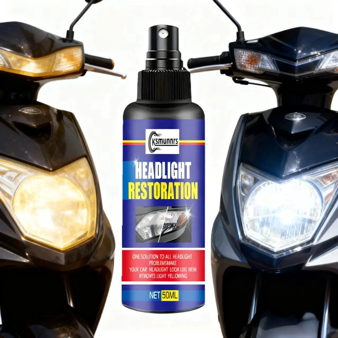 Ksmunnrs Headlight Restoration Spray 50ML, Car Headlight Lens Cleaner & Restorer, Removes Yellowing & Restores Clarity