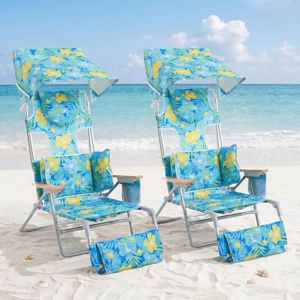 

Beach Chair for Adults 2 Pack, 5Position Folding Tanning Chair with Face Hole, Canopy Shade, Drink Holder, Portable Sunbathing