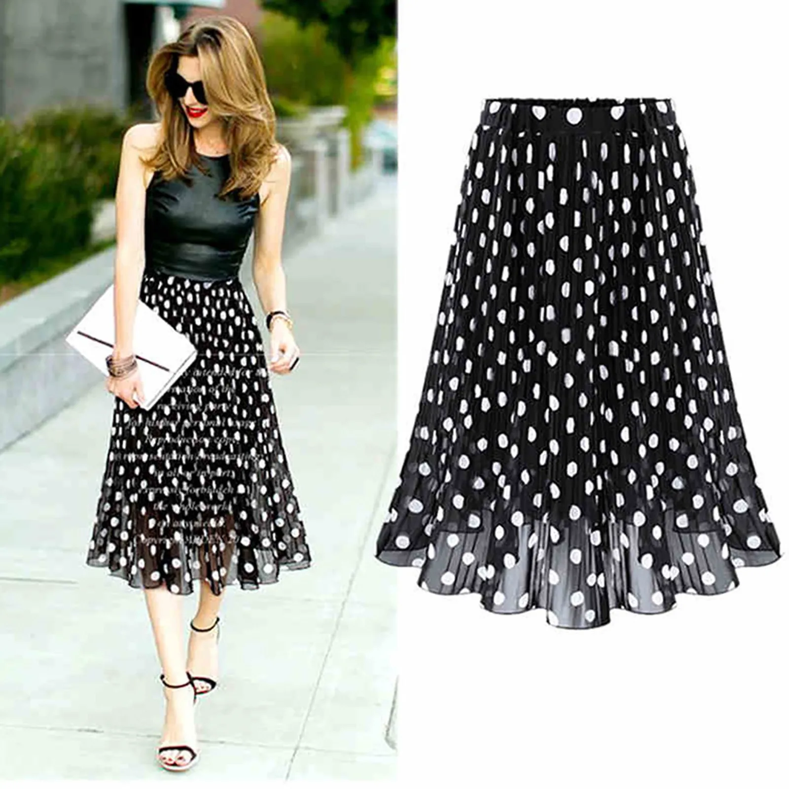 

Women's Fashion Vintage Polka Dot Printed Mid Length Skirt High Waist Pleated Skirt Casual Flared Versatile Half Body Skirt