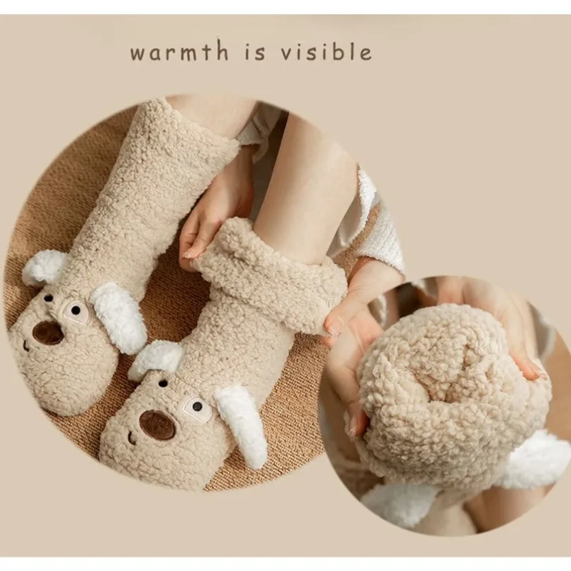 Fluffy Sock Women Fuzzy Thermal Winter Warm 3D Dog Funny Cute Kawaii Non Slip Cartoon Sleeping Soft Comfy Floor Slipper Sock view 5