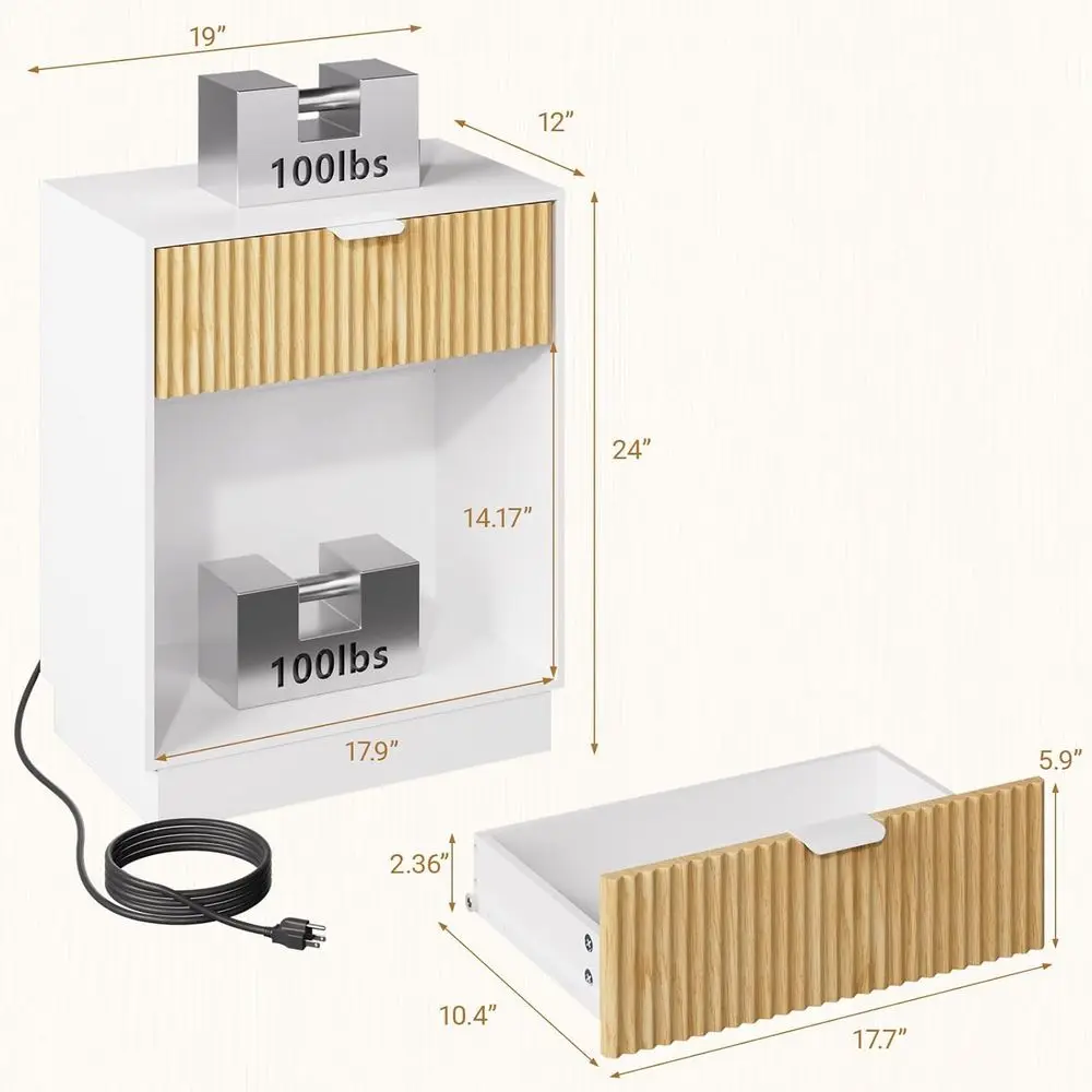 Nightstands Set of 2 with Charging Station & Built-in LED Lights, Bedside Tables with Wave Pattern Drawer & Open Shelf, Safe for
