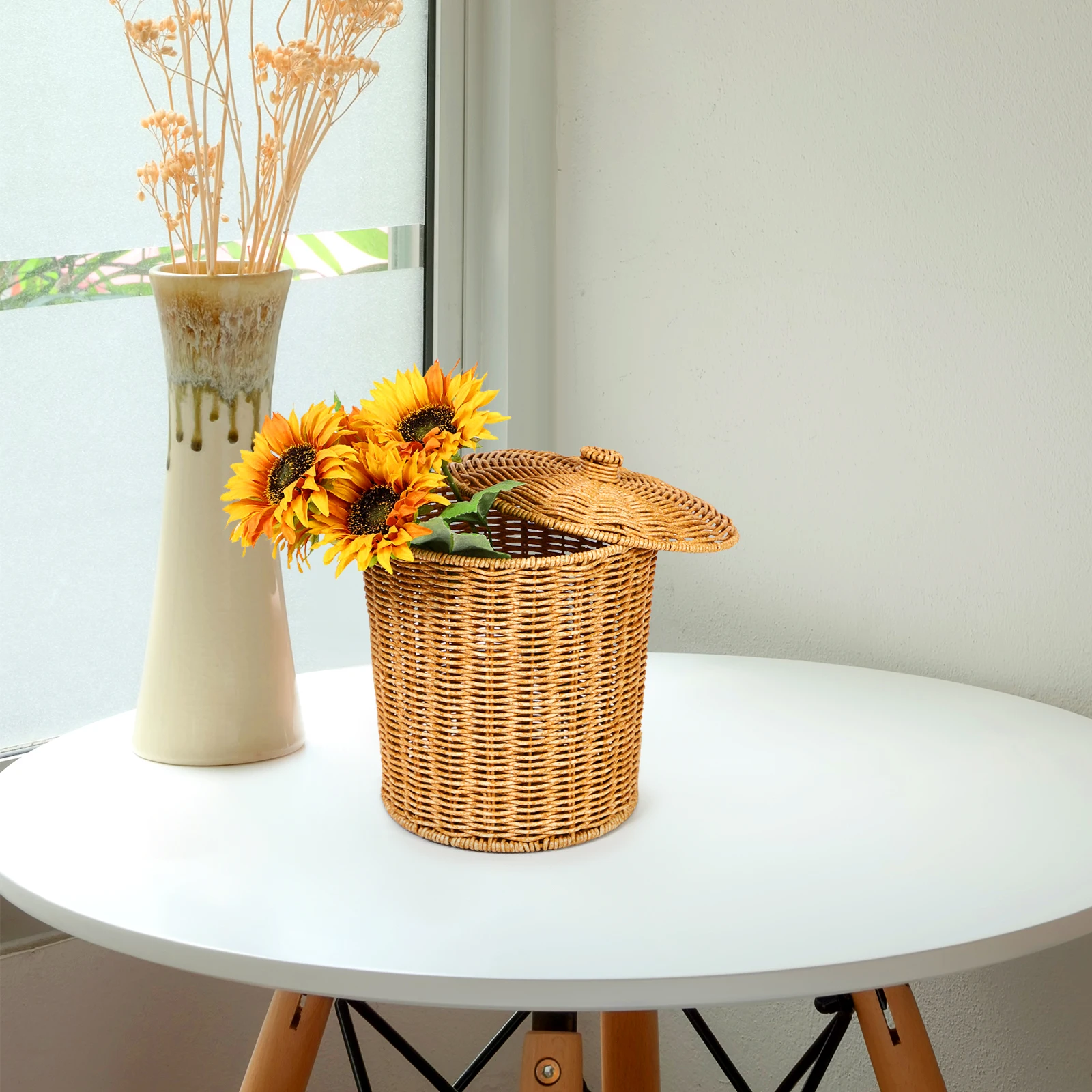 

Waste Basket with Lids Trash Can Laundry Storage Container Rattan Bathroom Baskets Rubbish Bin