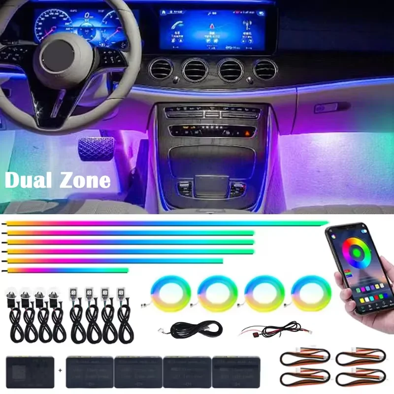 

18/22 in 1 Dual Zone LED Car Ambient Lights Interior Neon Acrylic Strip RGB Rainbow 64 Colors Symphony Lamp App Atmosphere Lamp