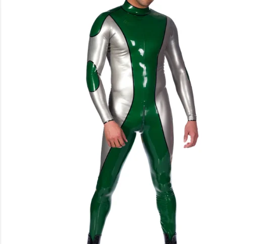 

100%Latex Rubber Gummmi Green bodysuit silver decoration role play party hand customized 0.4mm XS-XXL