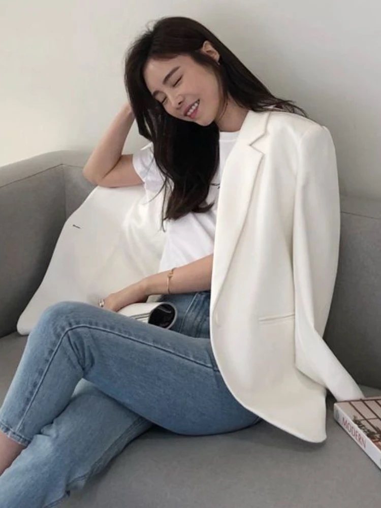 White Blazers Women All-match Office Lady Casual Loose Ulzzang Korean Style Ins Chic Temperament Fashion Single Button Spring