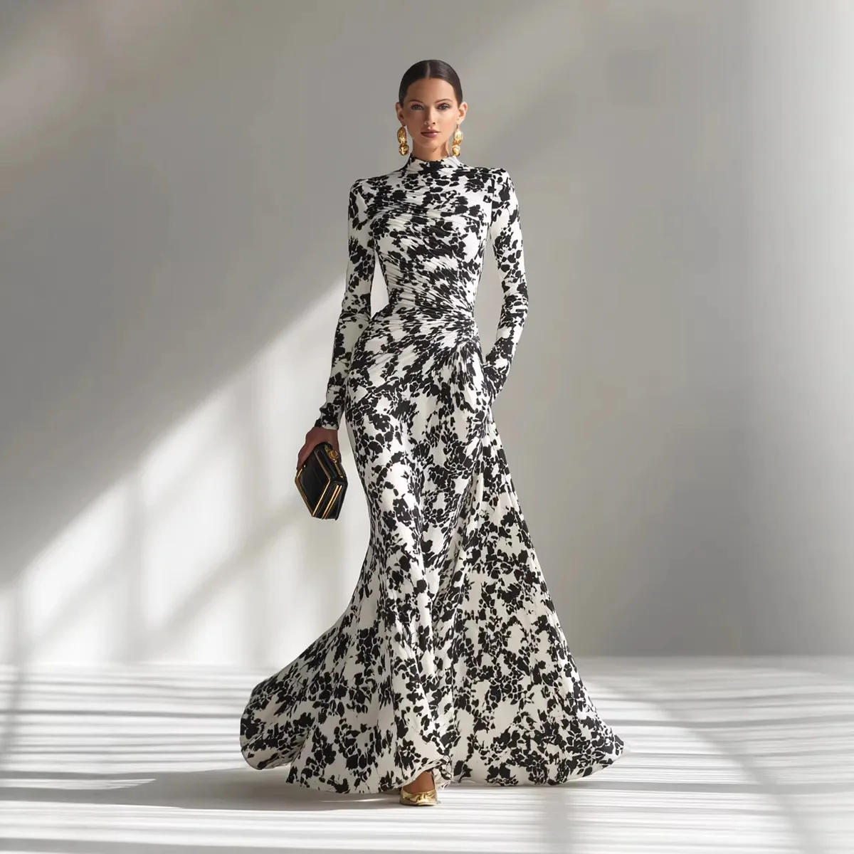 

Elegant Chic Maxi Dress Woman Vintage Folds Patchwork Party Dress New Spring Long Sleeve A-Line Boho Holiday Ladies Dress