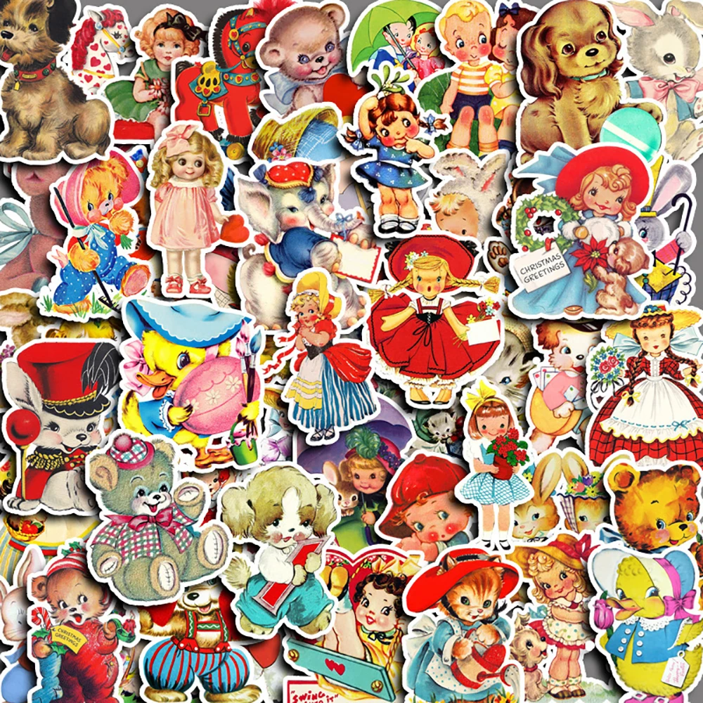 10/30/50pcs Cute Retro Showa Style Animals Doll Stickers Kids Toys DIY Notebook Phone Laptop Luggage Skateboard Graffiti Decals