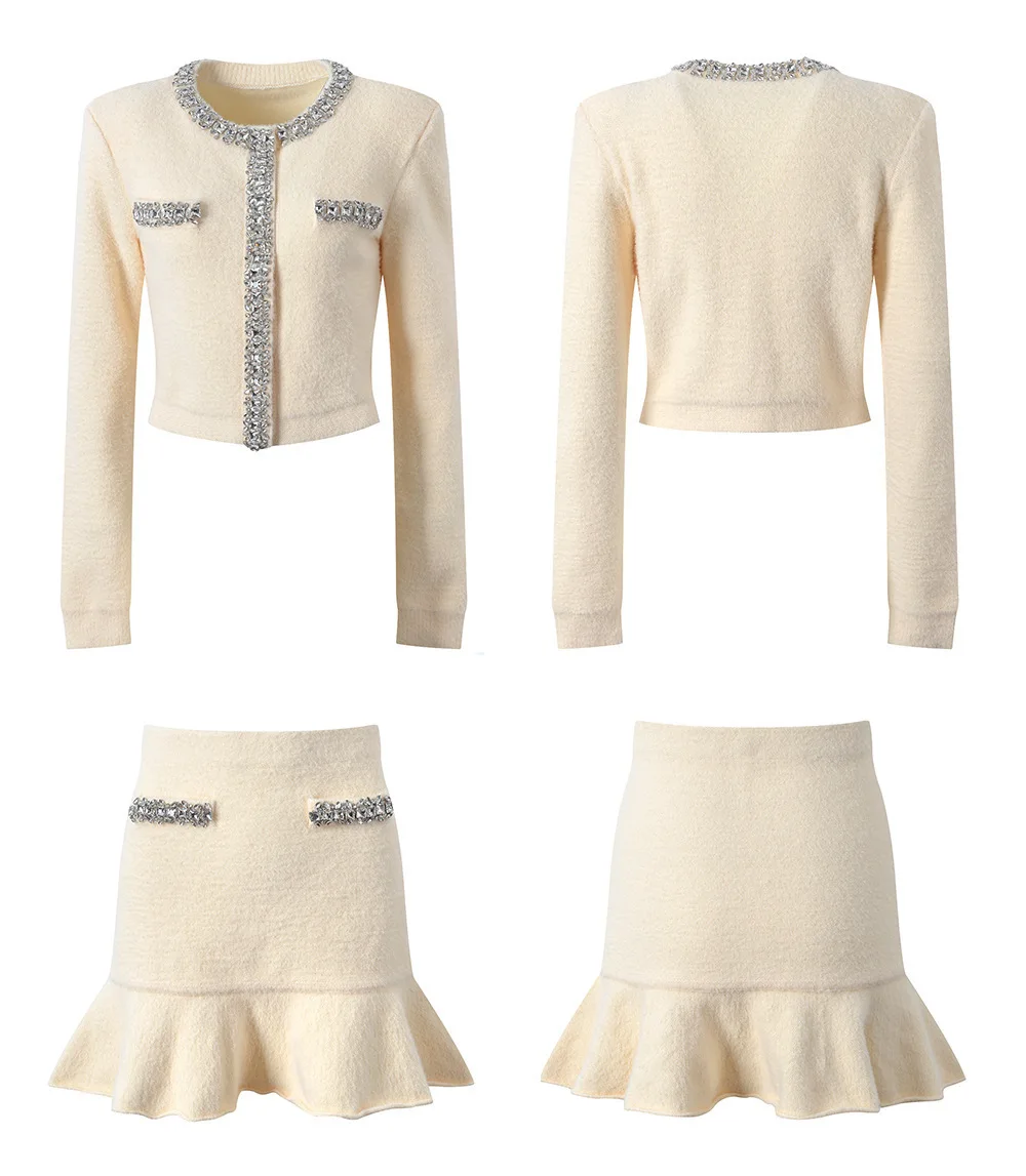 Luxury Beige Autumn Beading Crystal Diamonds Knitted Sweater Cardigans Mermaid Short Skirts Suits Women Knitting Two Piece Sets