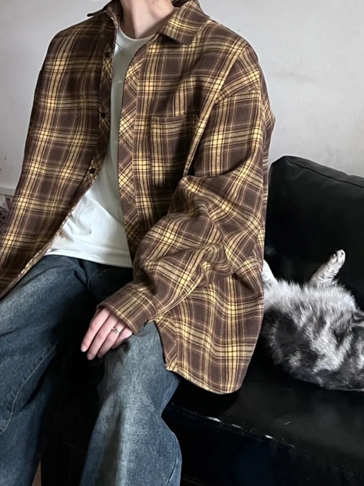 

Autumn Winter Large Size Plaid Shirt Men's Casual Fashion Couple High-End Feeling Loose Fit Print Long Sleeve Youth Trendy
