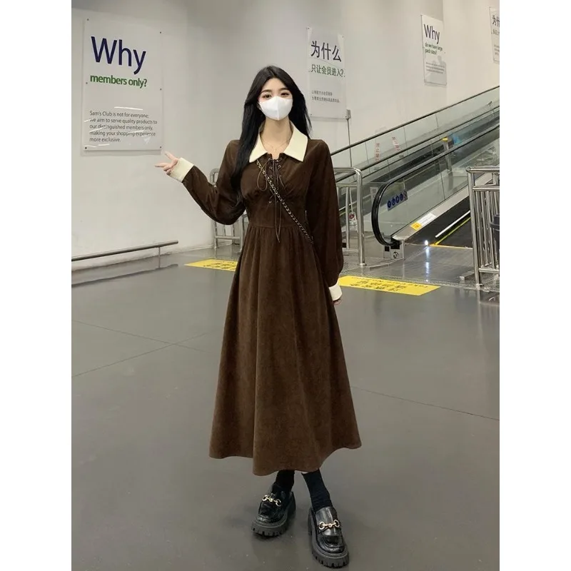Women Contrast Collar Lace Up Front Long Sleeve High Waist Swing Midi Dress